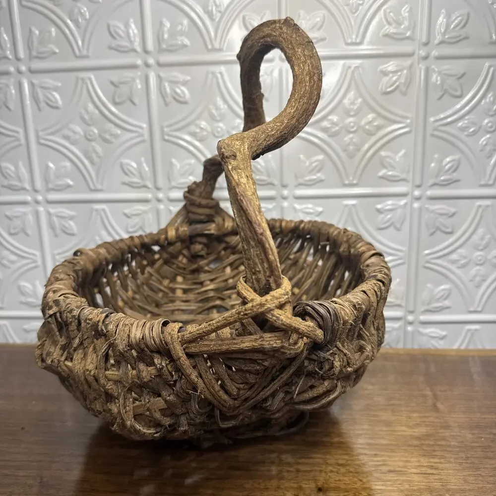 Unique Woven Basket Twisted Vine Branch Handle Wood Brown Gatherer